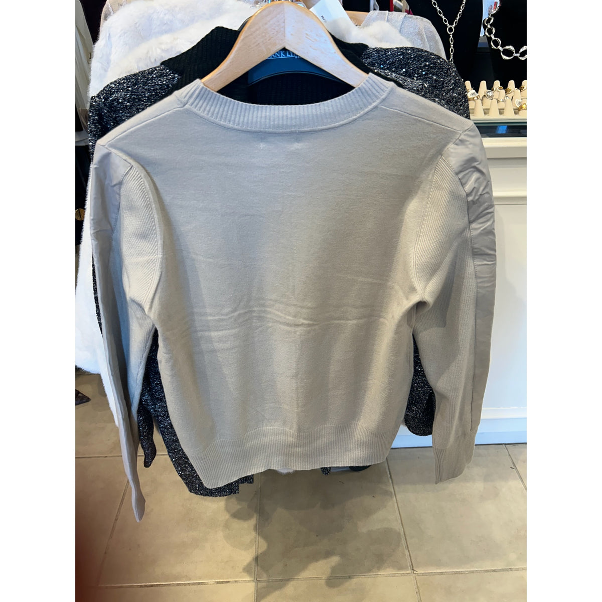 Metric Knits Sea Salt Faux-Leather-Trim Pullover, original front and back views.