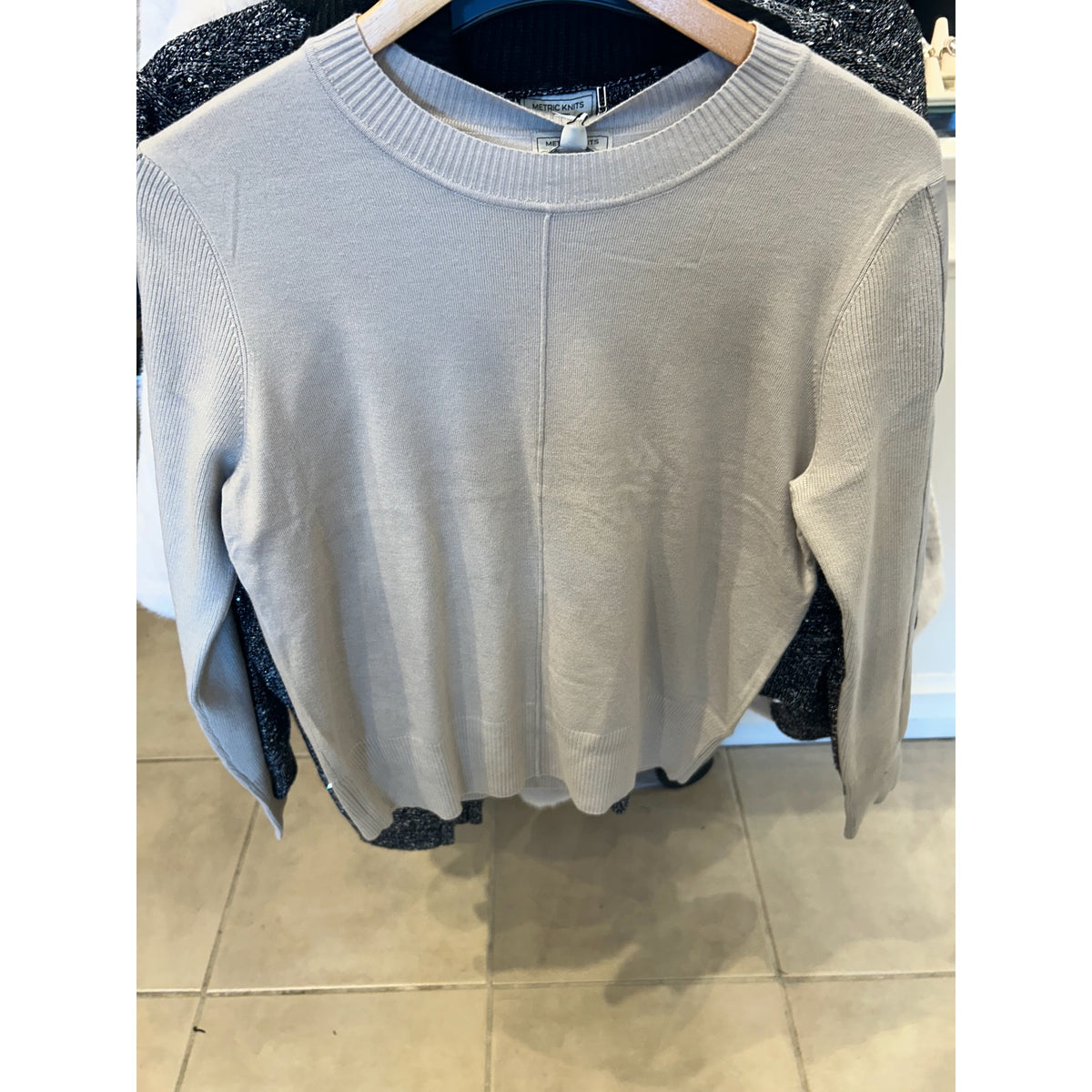 Metric Knits Sea Salt Faux-Leather-Trim Pullover, original front and back views.