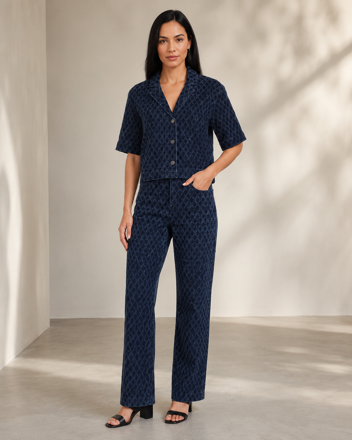 Elan Diamond Denim Top w/ Buttons JED11748