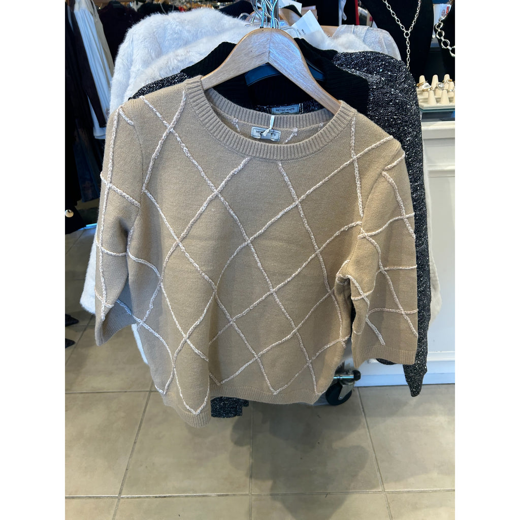 Metric Knits Sandstone and Ivory Diamond Pullover, original front and back views.