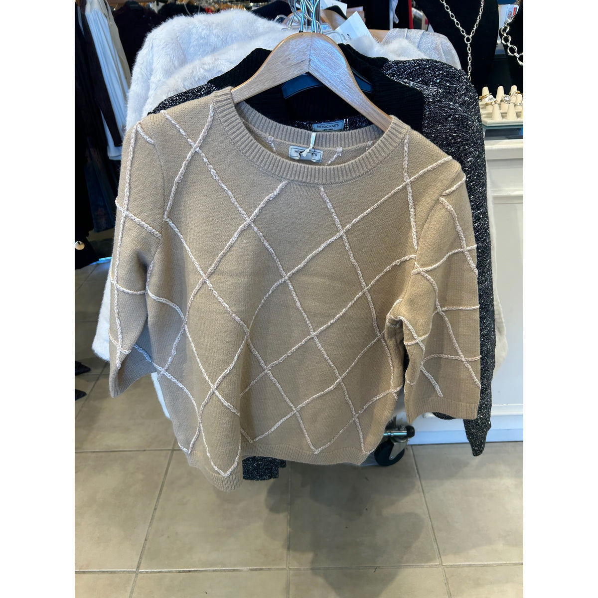 Metric Knits Sandstone and Ivory Diamond Pullover, original front and back views.