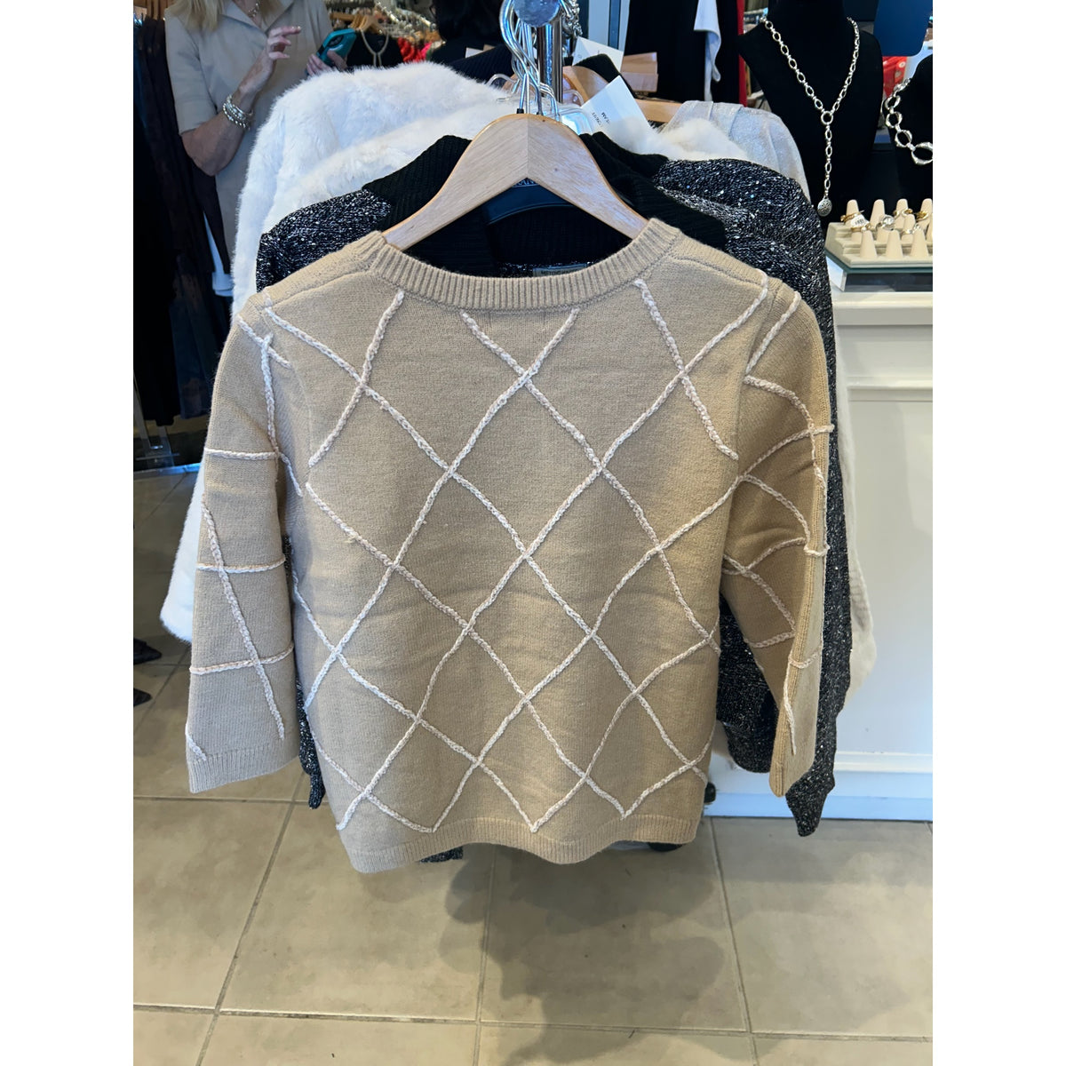 Metric Knits Sandstone and Ivory Diamond Pullover, original front and back views.