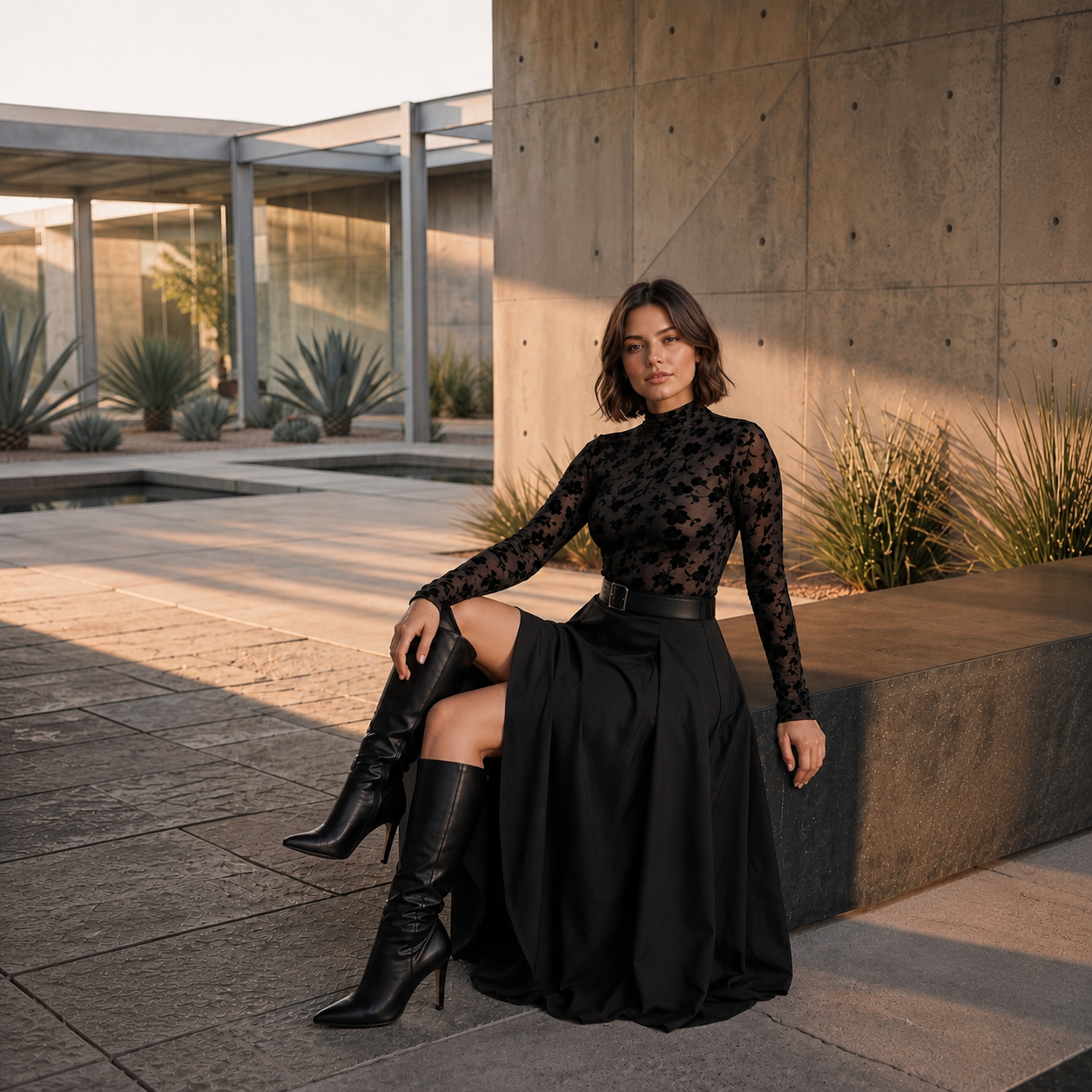 Beulah Black Floral Sheer Velvet Turtleneck Top