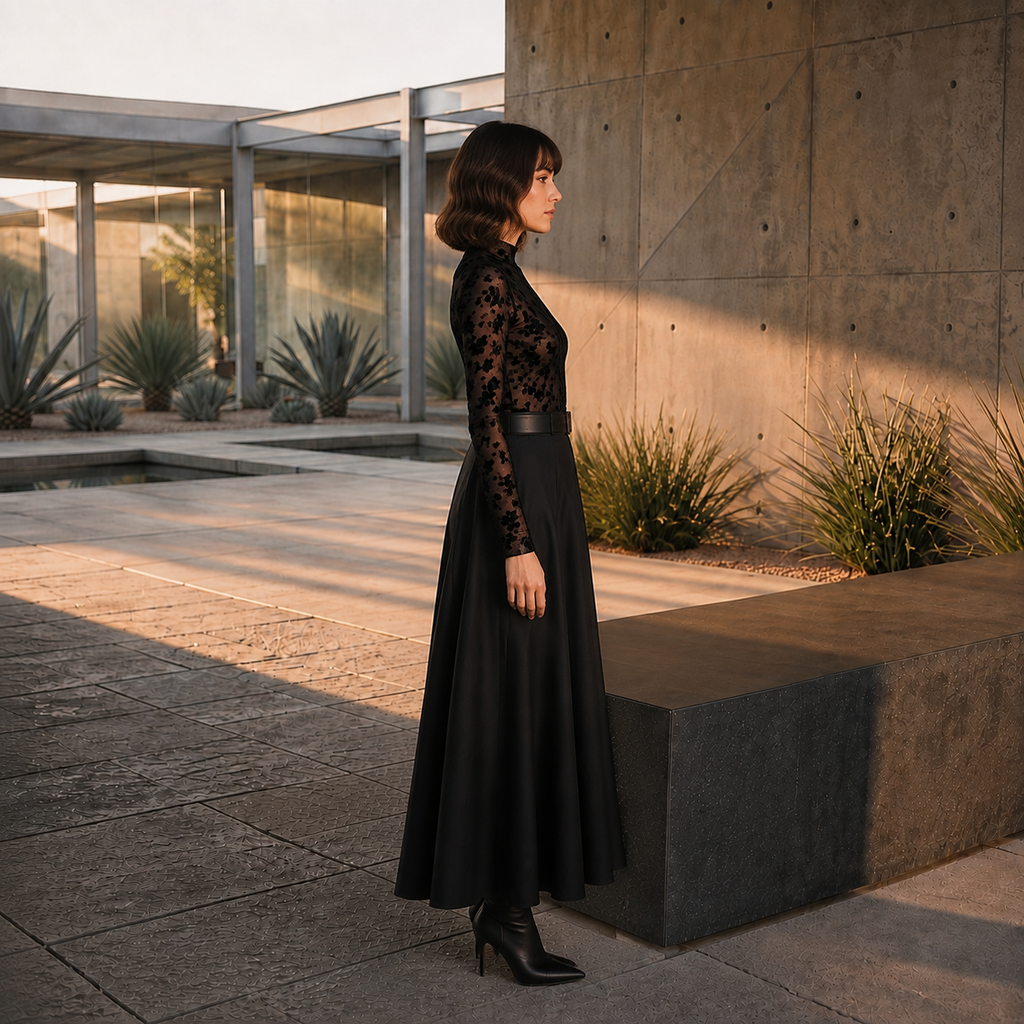 Beulah Black Floral Sheer Velvet Turtleneck Top