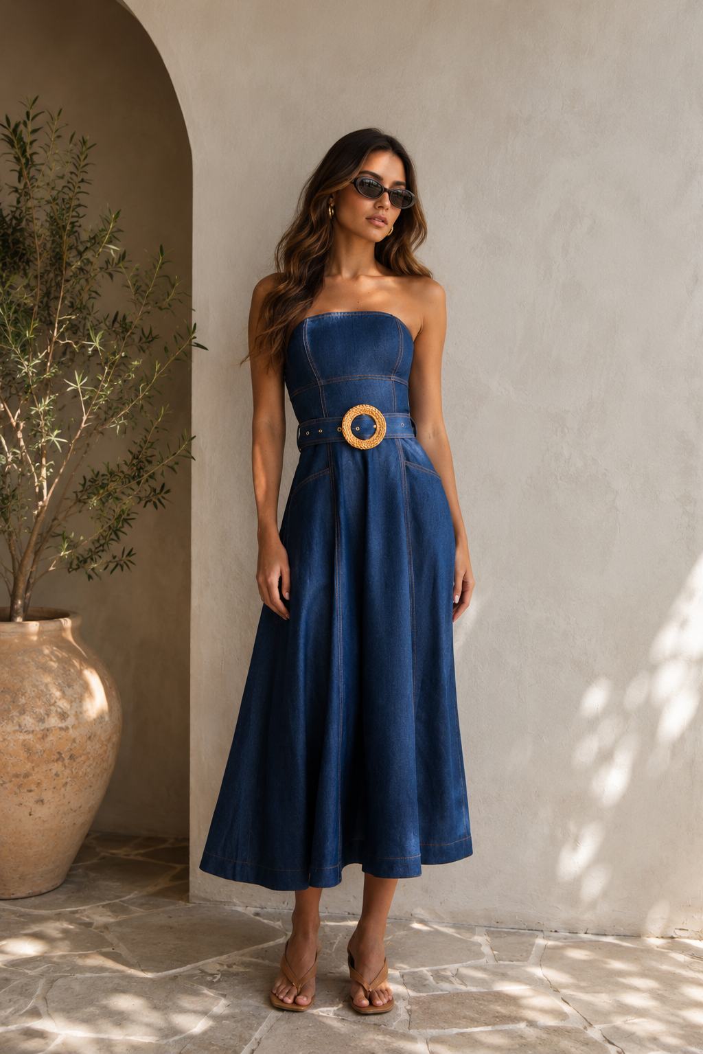 JS71 Mercer Strapless Belted Dress in Indigo