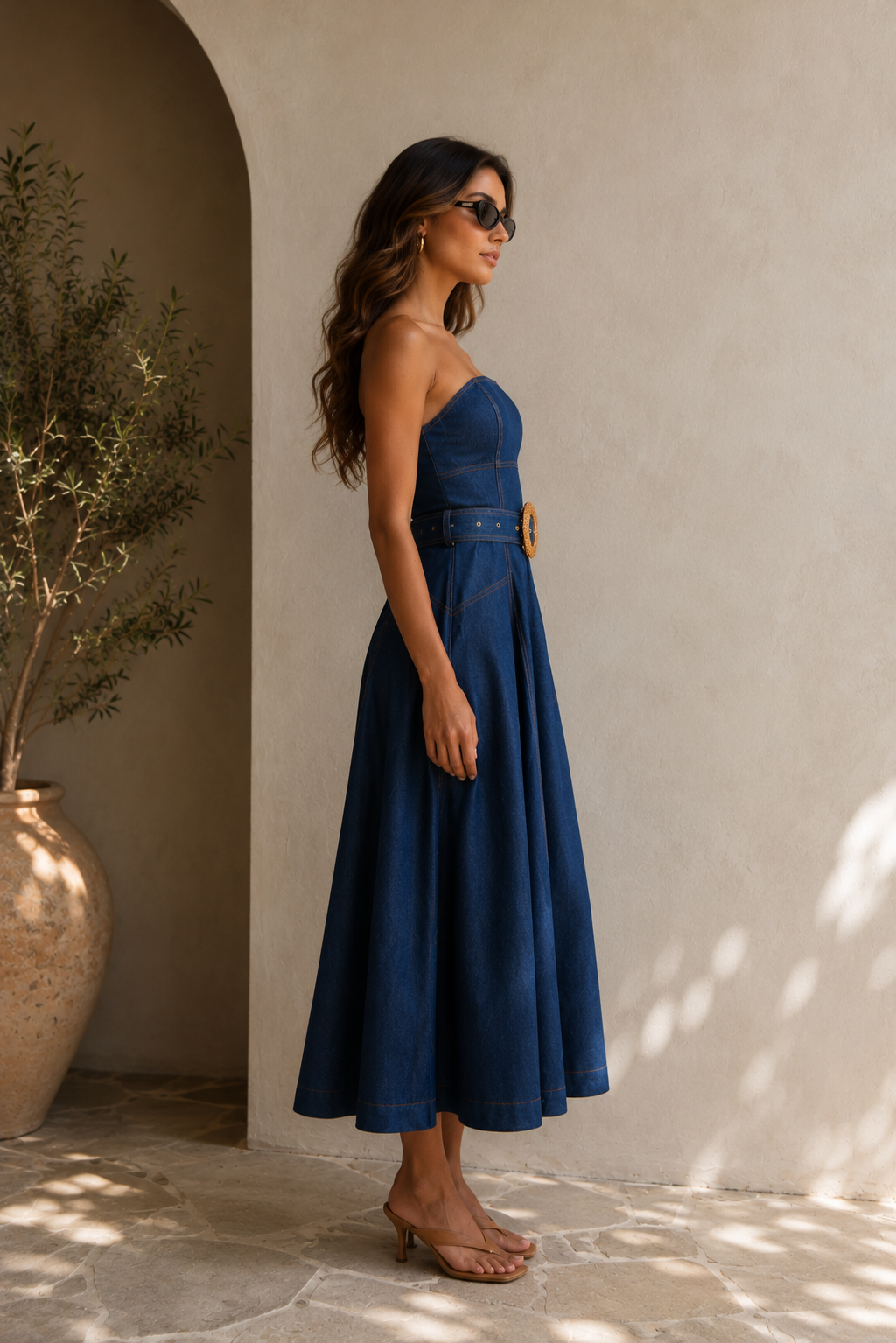 JS71 Mercer Strapless Belted Dress in Indigo