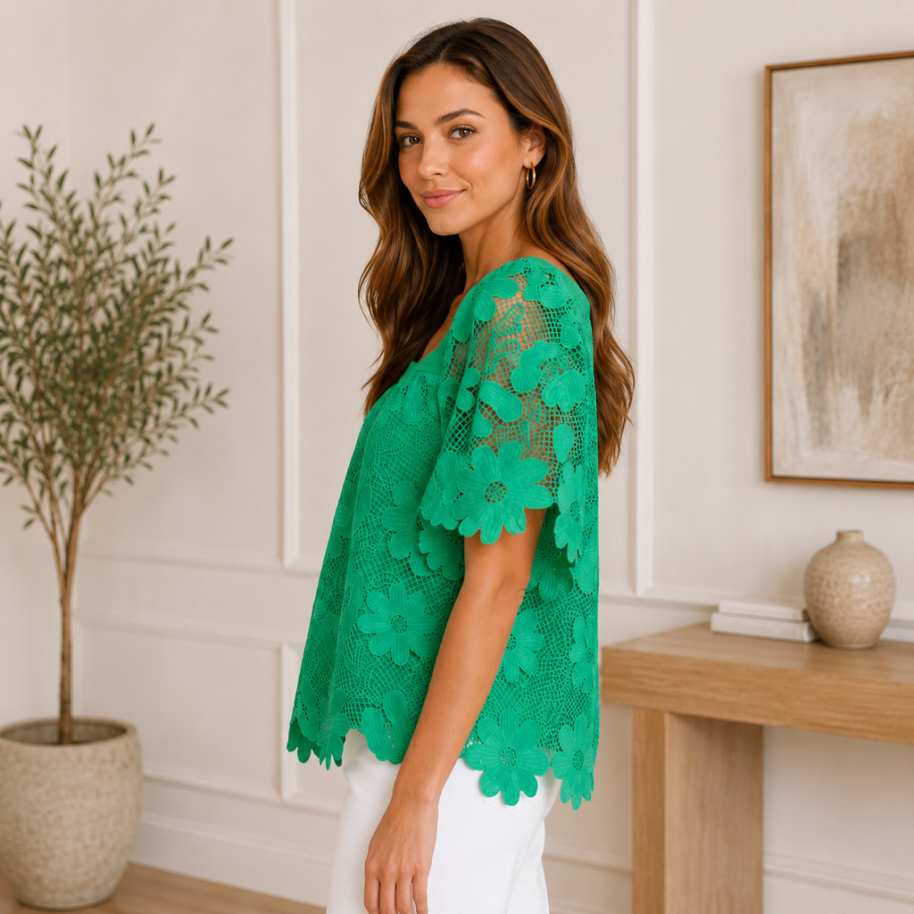 TRU LUXE Square Neck Lace Peasant Top