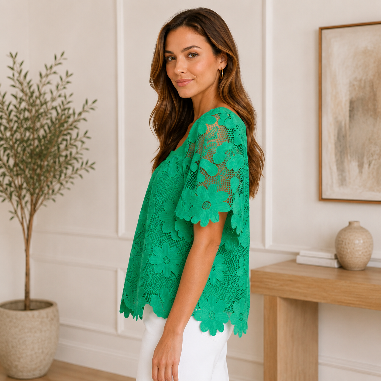 TRU LUXE Square Neck Lace Peasant Top