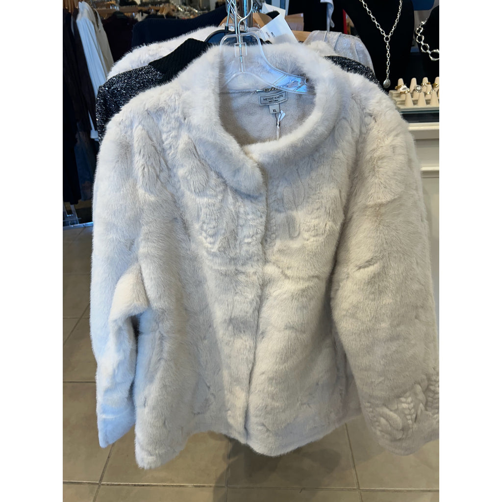 Metric Knits Cream Faux-Fur Snap-Front Cardigan, original front and back views.