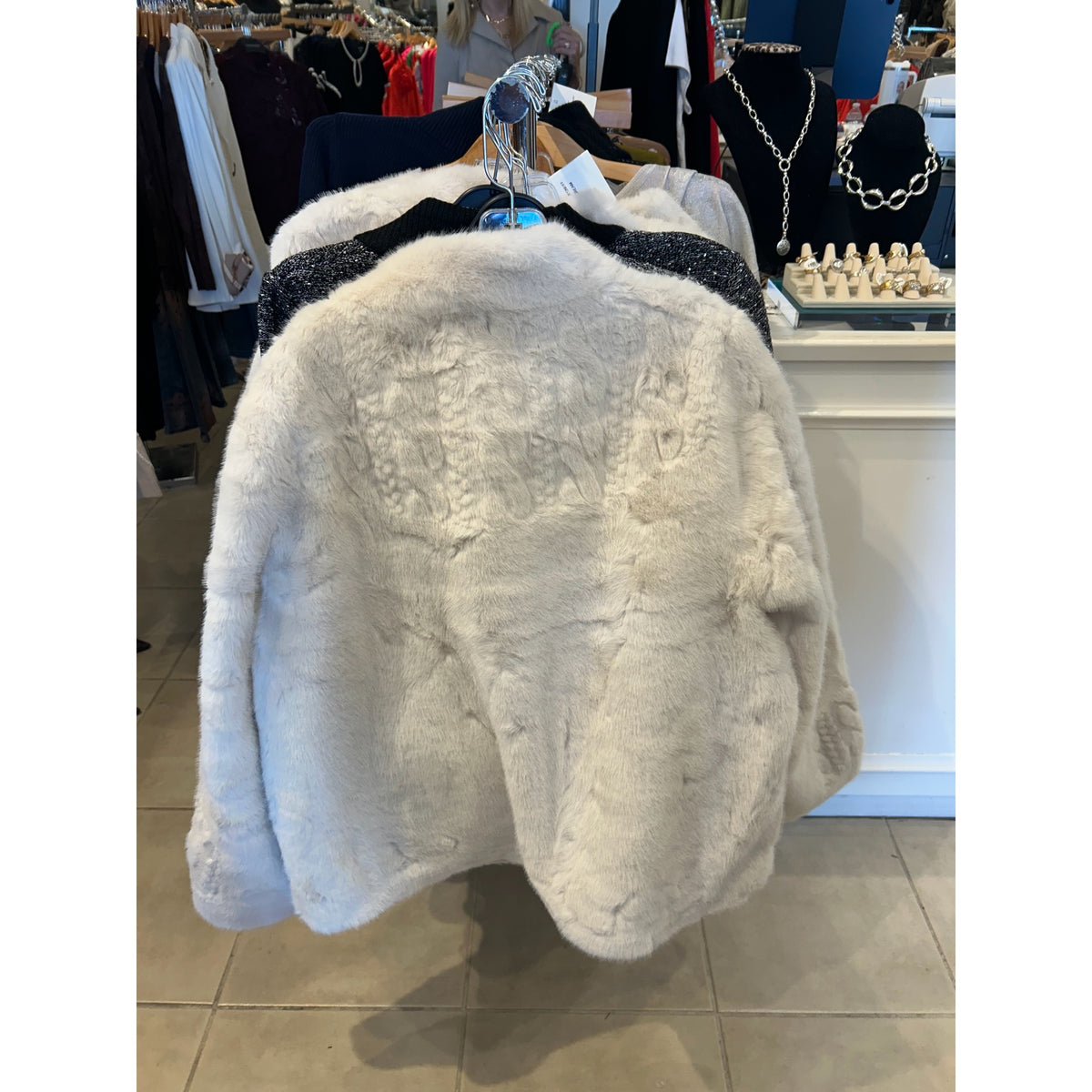 Metric Knits Cream Faux-Fur Snap-Front Cardigan, original front and back views.
