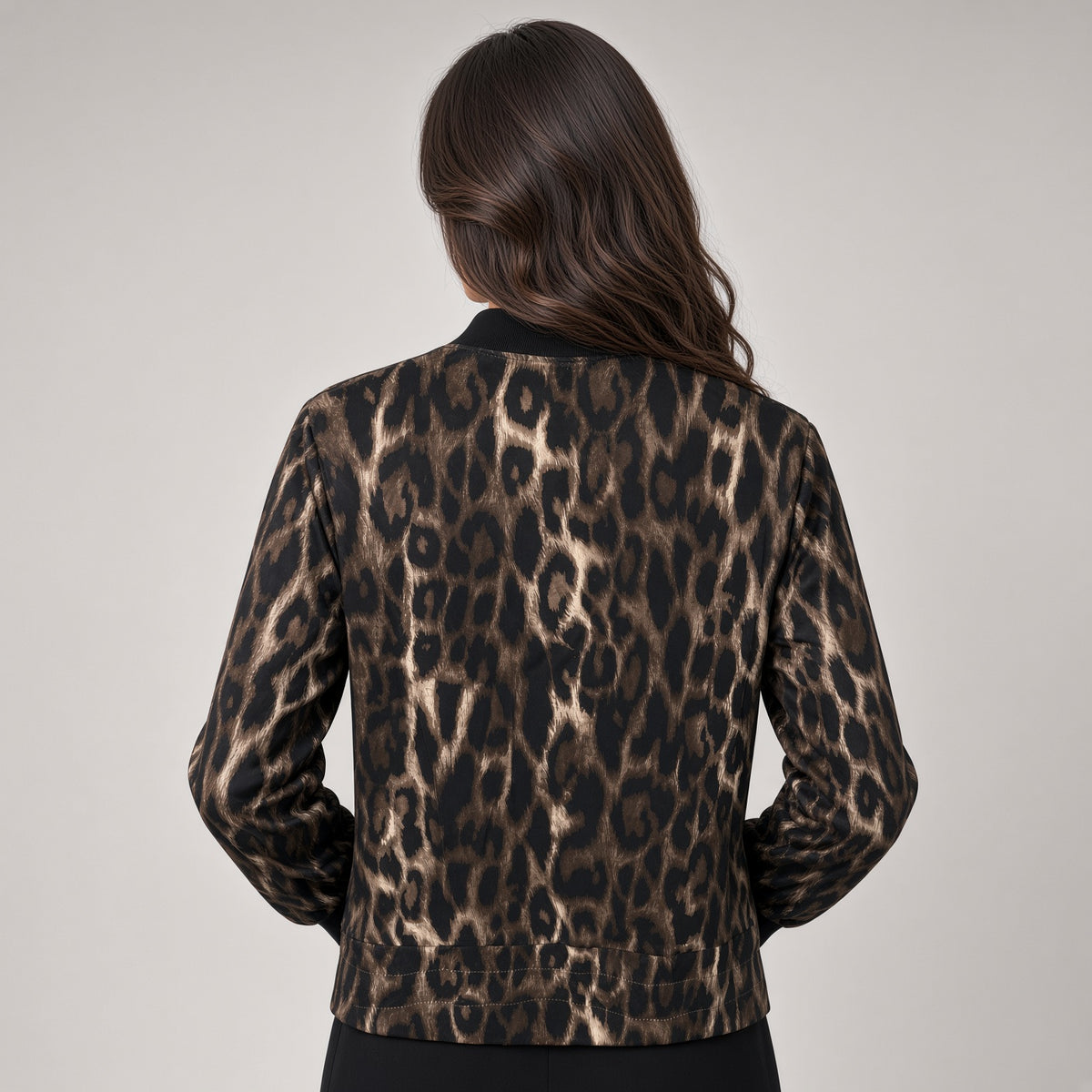 Brand Bazar Zora Jacket VEL015 in Original leopard print, back view on model