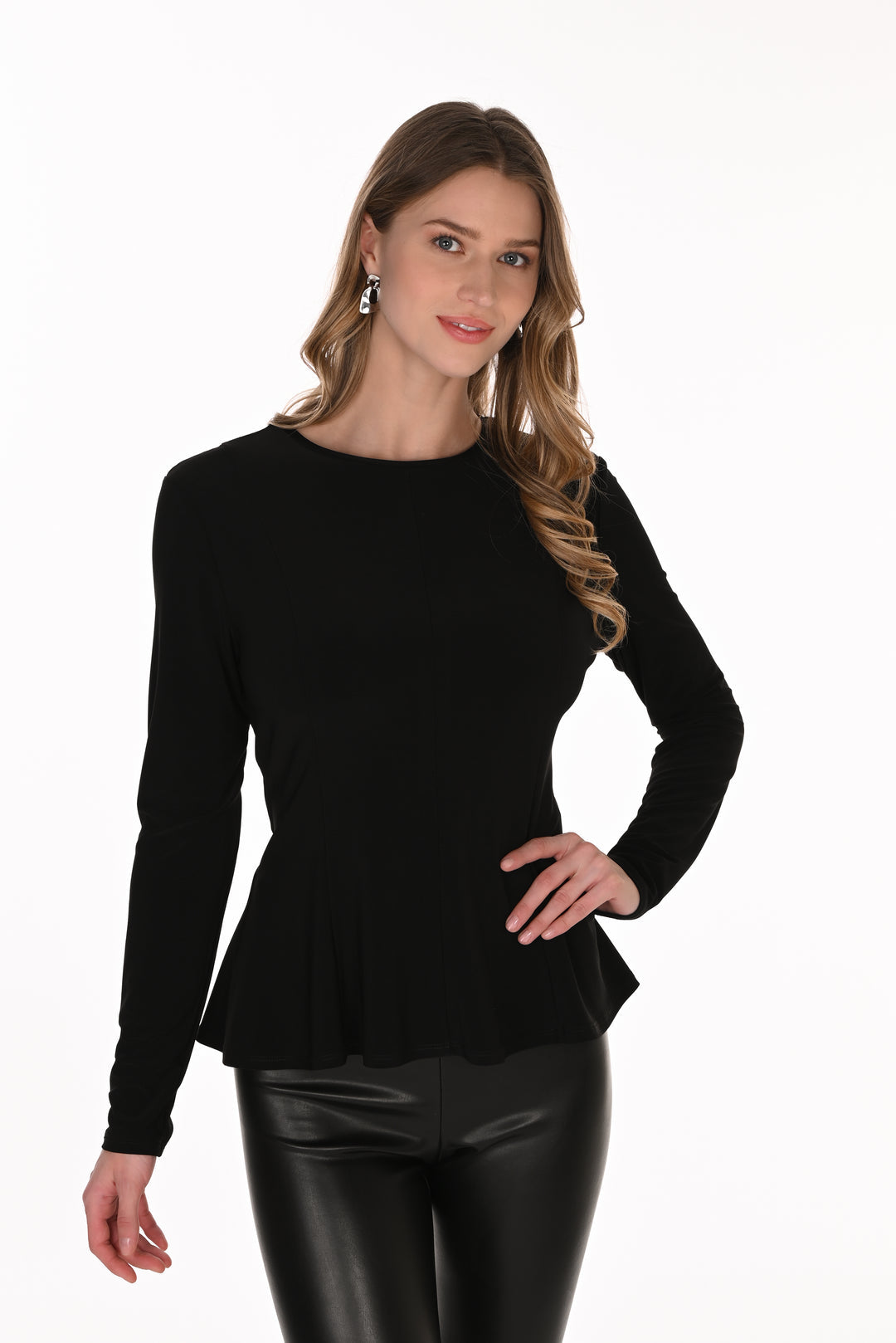 Frank Lyman 263027 black peplum knit top front view