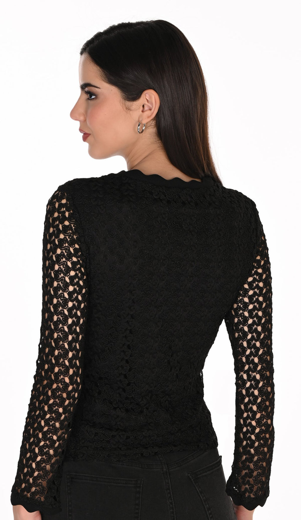 Frank Lyman 263198 black crochet knit top back view
