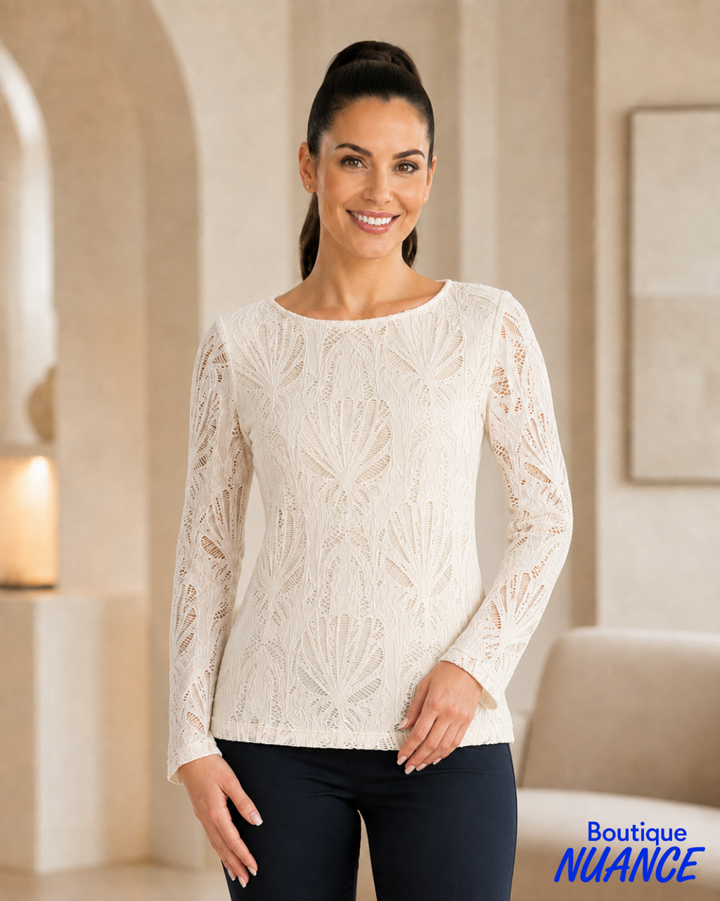 Frank Lyman 263483 cream textured open-knit top front view