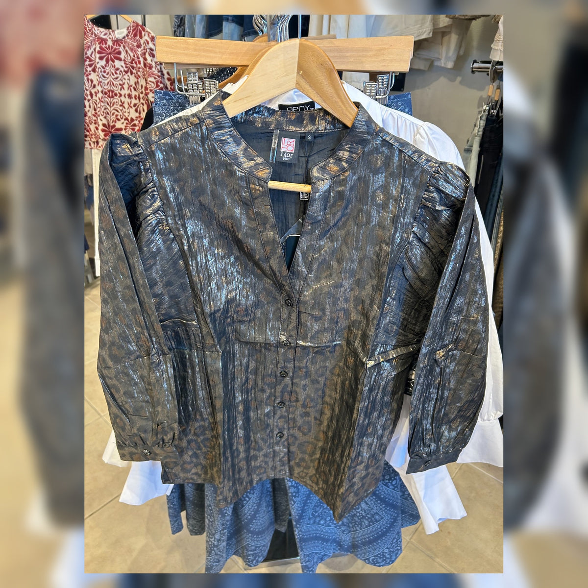 Lior Joni foil black leopard blouse front