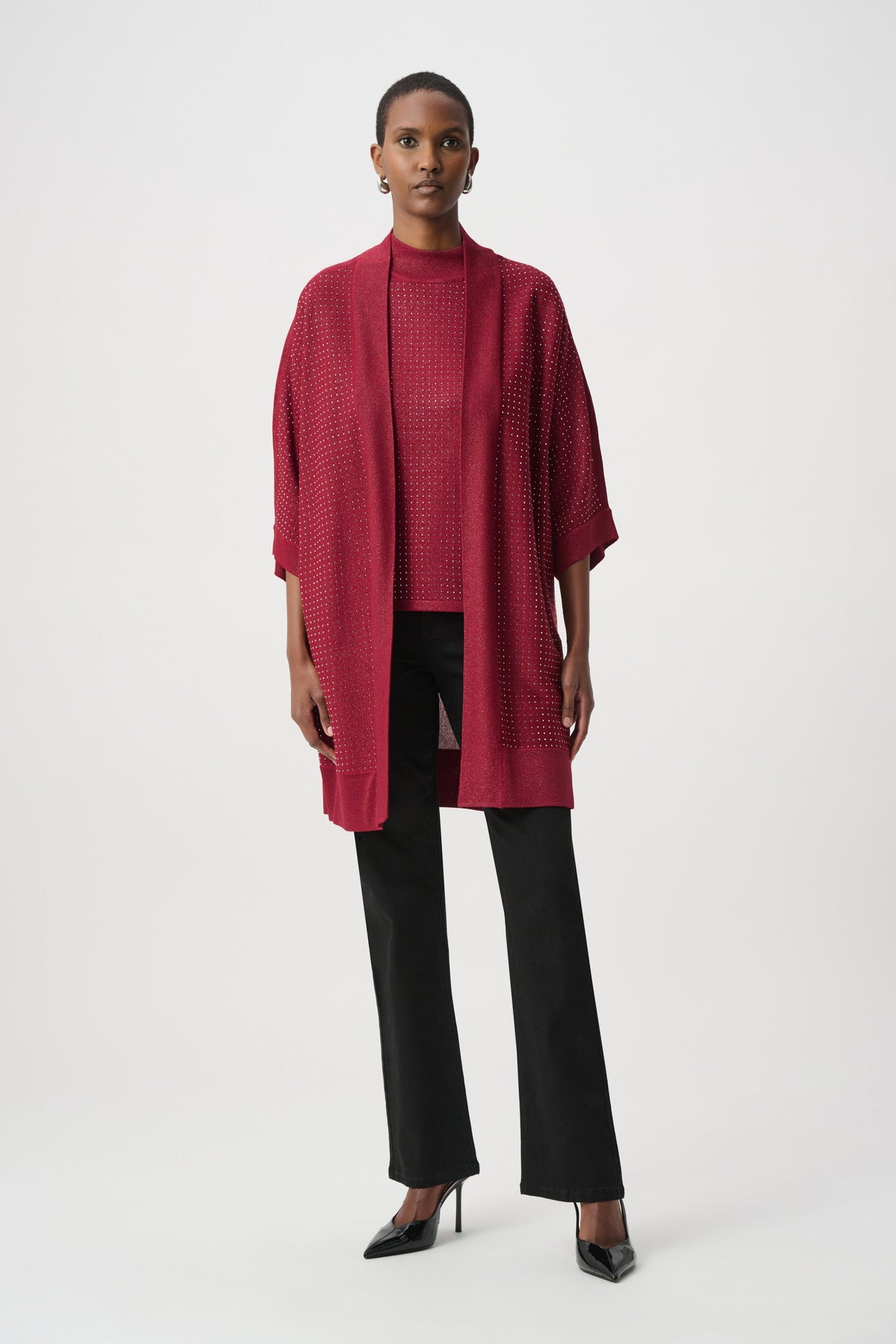 Joseph Ribkoff 254937W26 Deep Cherry embellished cover-up - front view