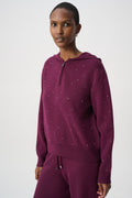 Joseph Ribkoff 264618 sparkle hooded top in Elderberry - front view