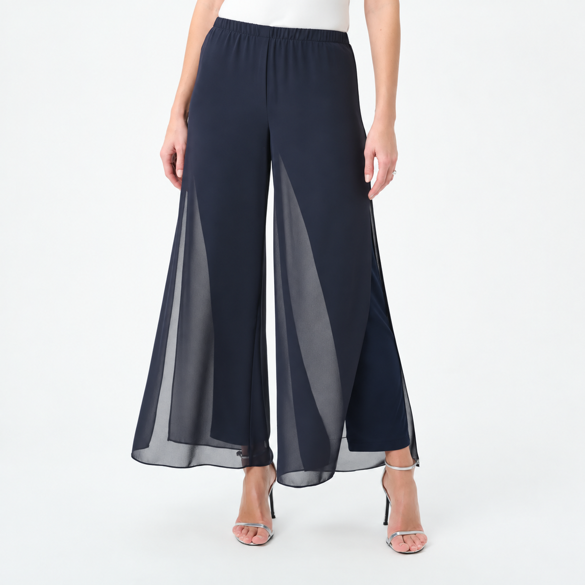Joseph Ribkoff 264729 Midnight Blue chiffon wide-leg pants, close front view