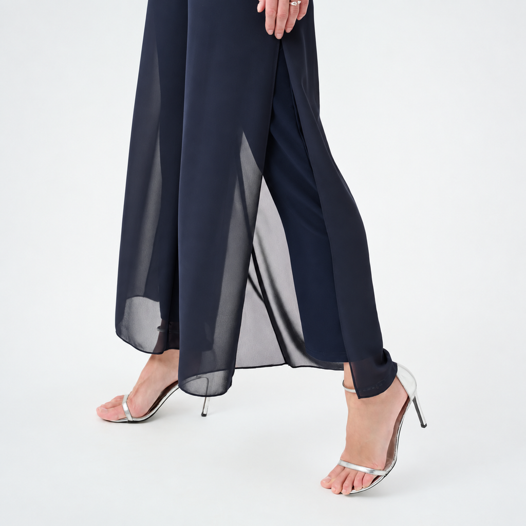 Joseph Ribkoff 264729 Midnight Blue chiffon wide-leg pants, chiffon overlay and hem detail