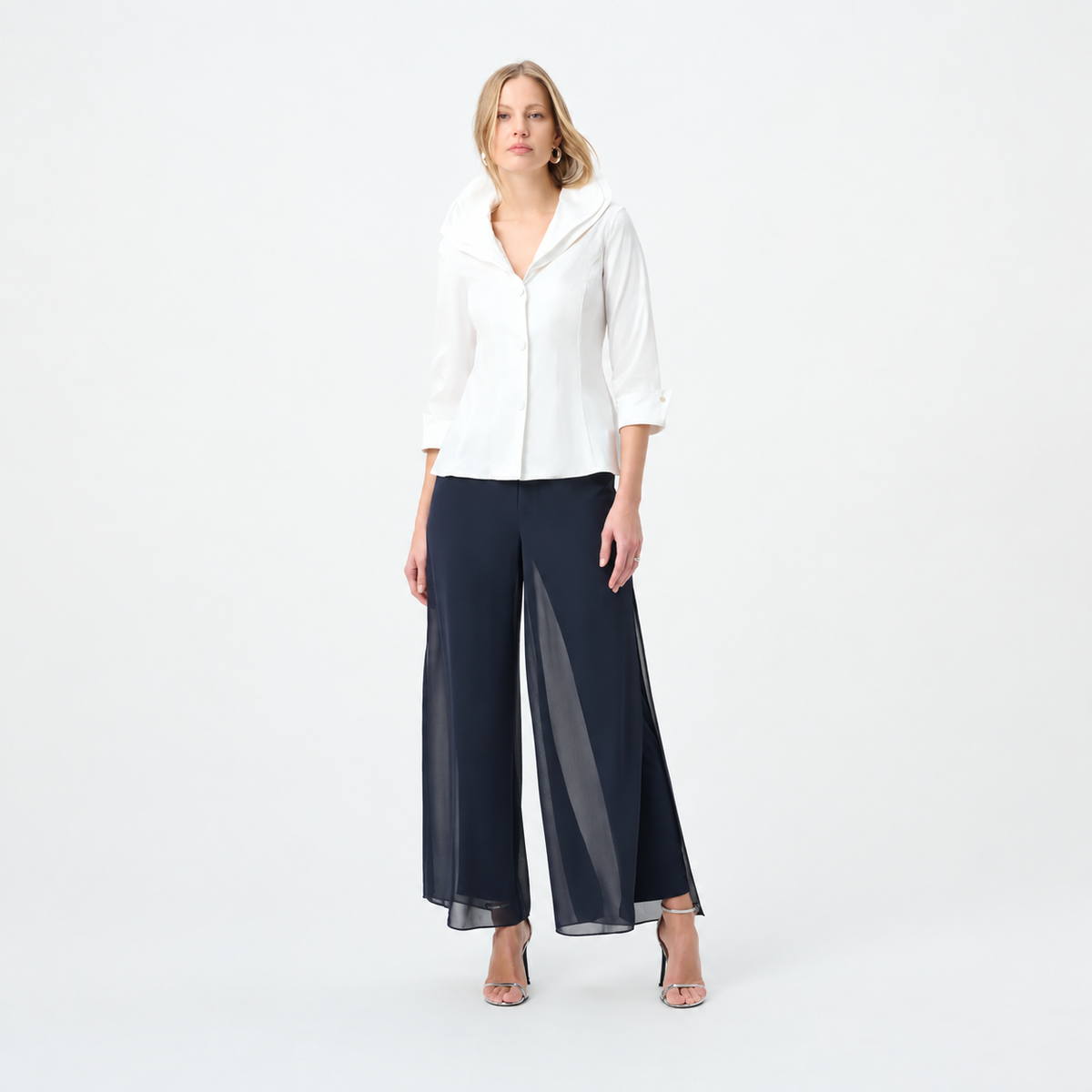 Joseph Ribkoff 264729 Midnight Blue chiffon wide-leg pants, full front view