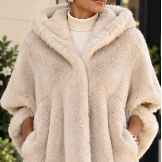Joseph Ribkoff Style 264910 Almond faux fur cocoon coat front view