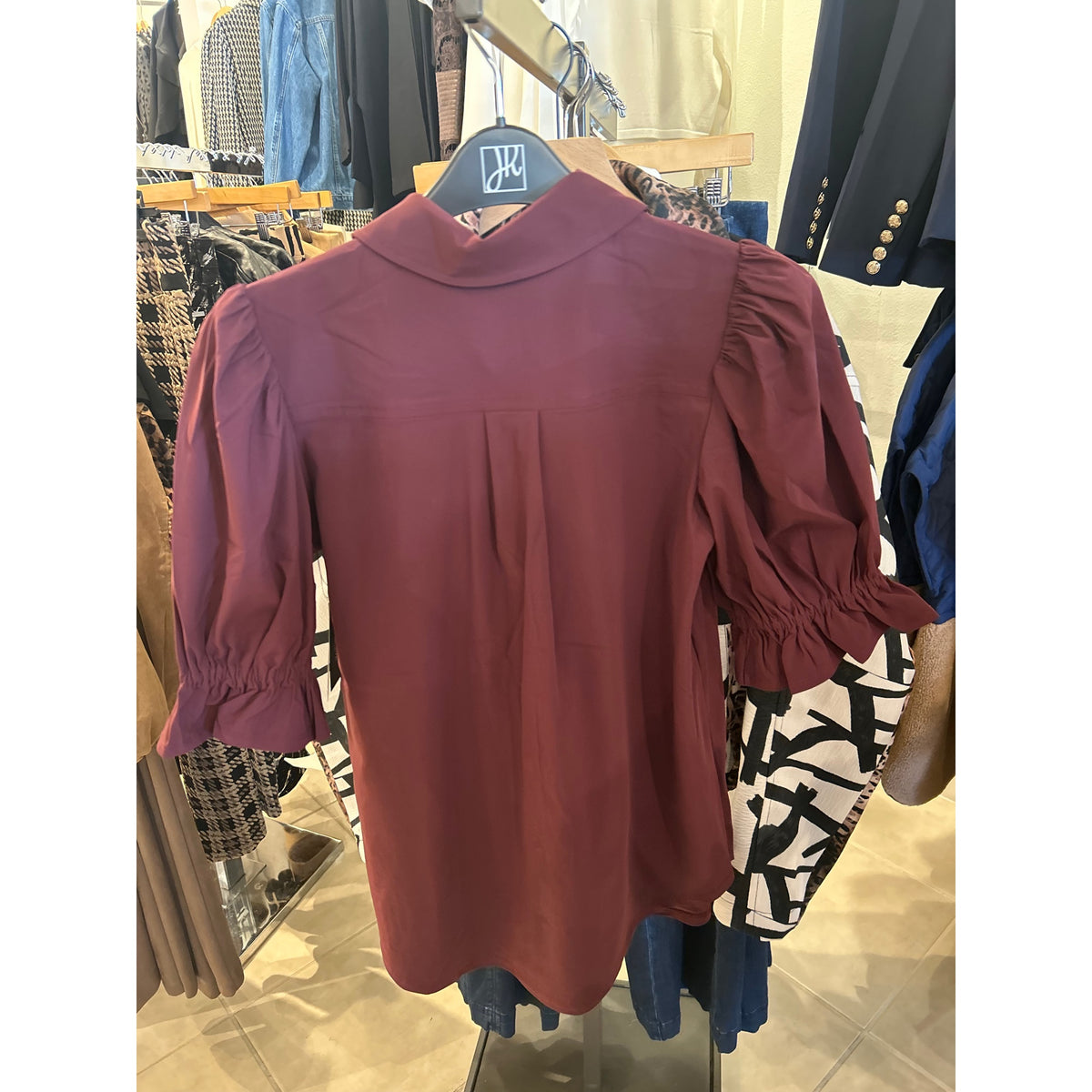 Liverpool Elbow Puff Sleeve Snap Front Top — Burgundy — back