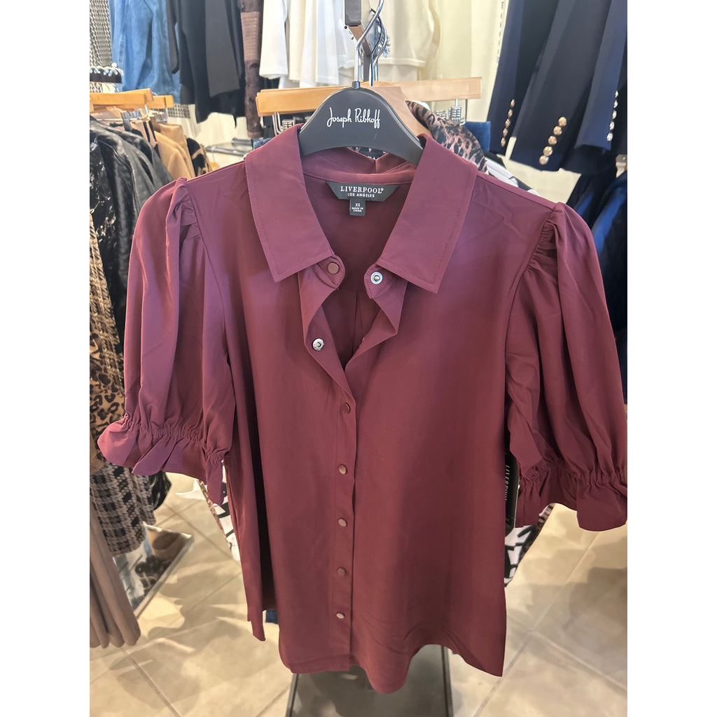 Liverpool Elbow Puff Sleeve Snap Front Top — Burgundy — front