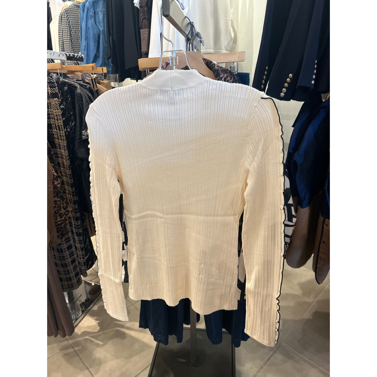 Liverpool Ruffle Sleeve Mock Neck Sweater — Cream/Black — back