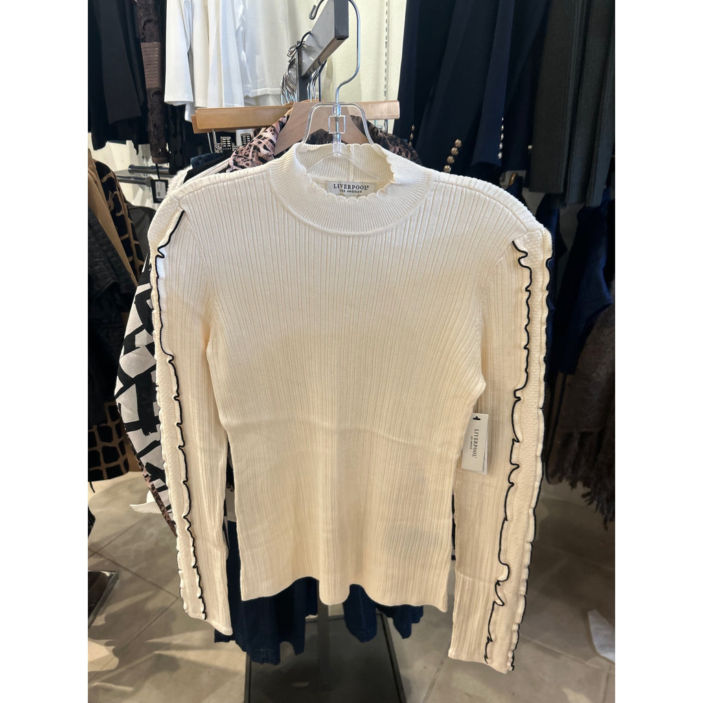 Liverpool Ruffle Sleeve Mock Neck Sweater — Cream/Black — front