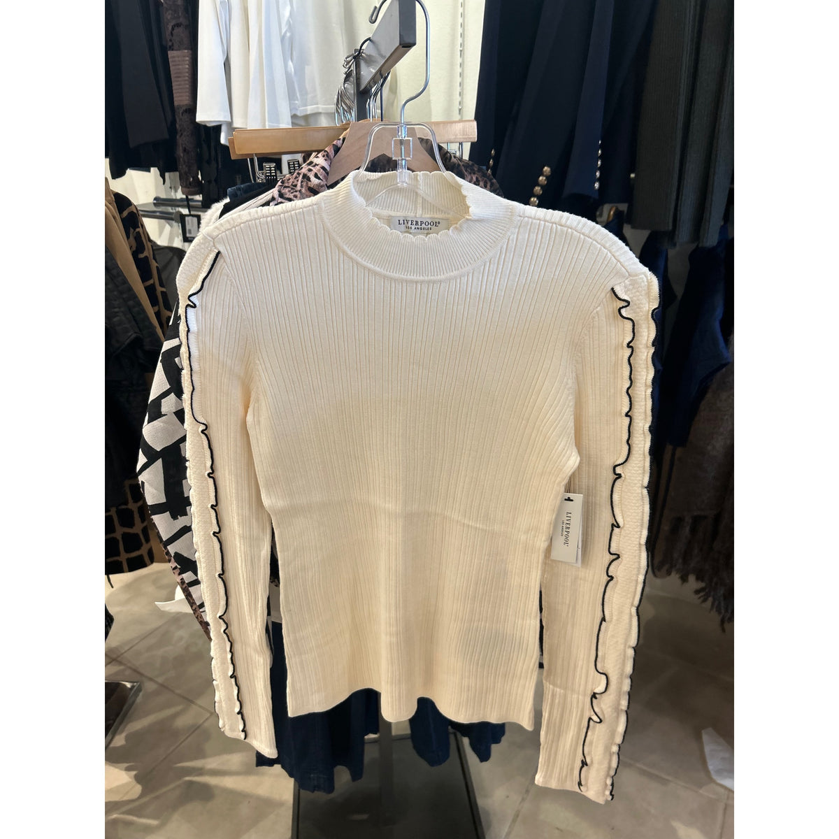 Liverpool Ruffle Sleeve Mock Neck Sweater — Cream/Black — front