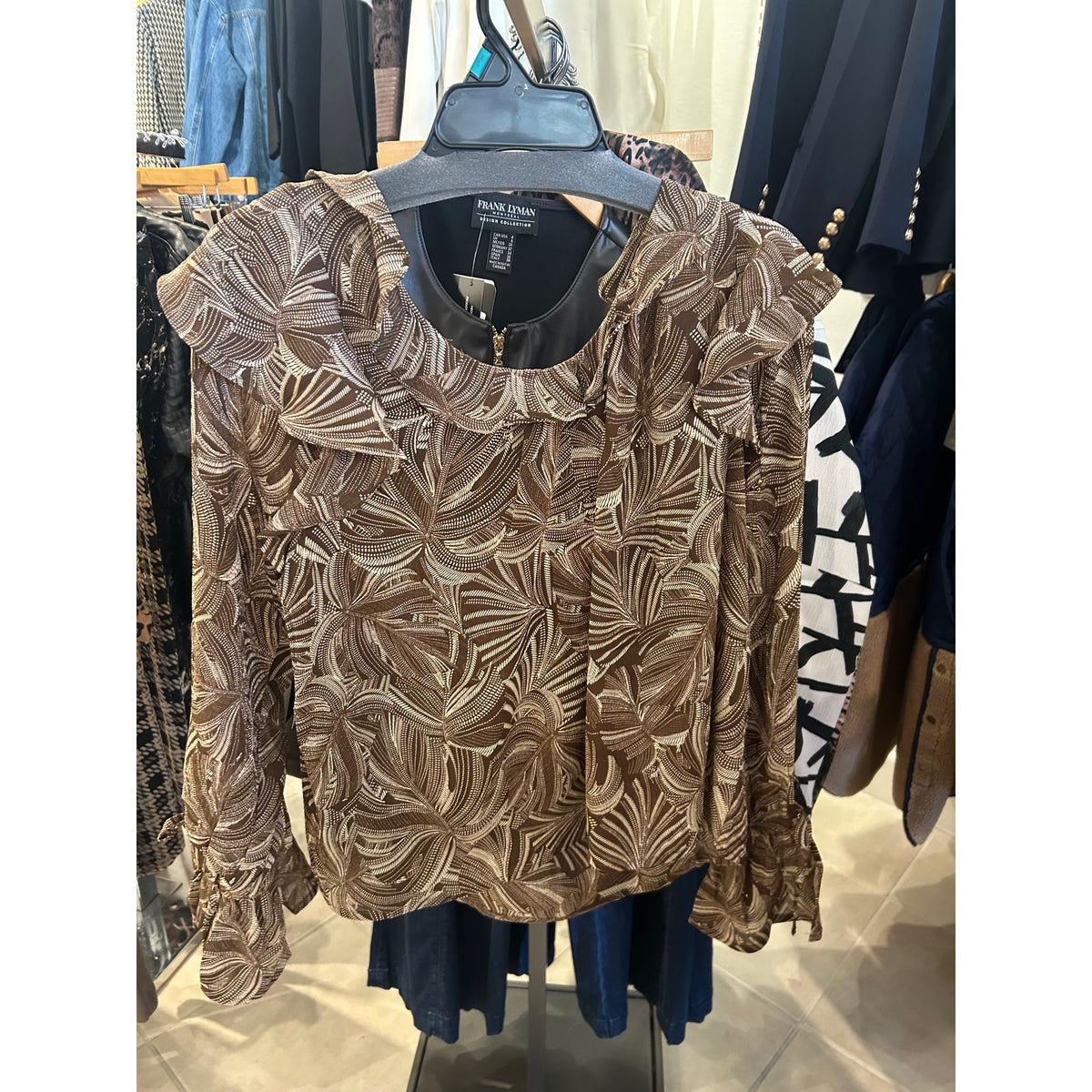 Liverpool Double Ruffle V-Neck Blouse — Brown/Cream — back