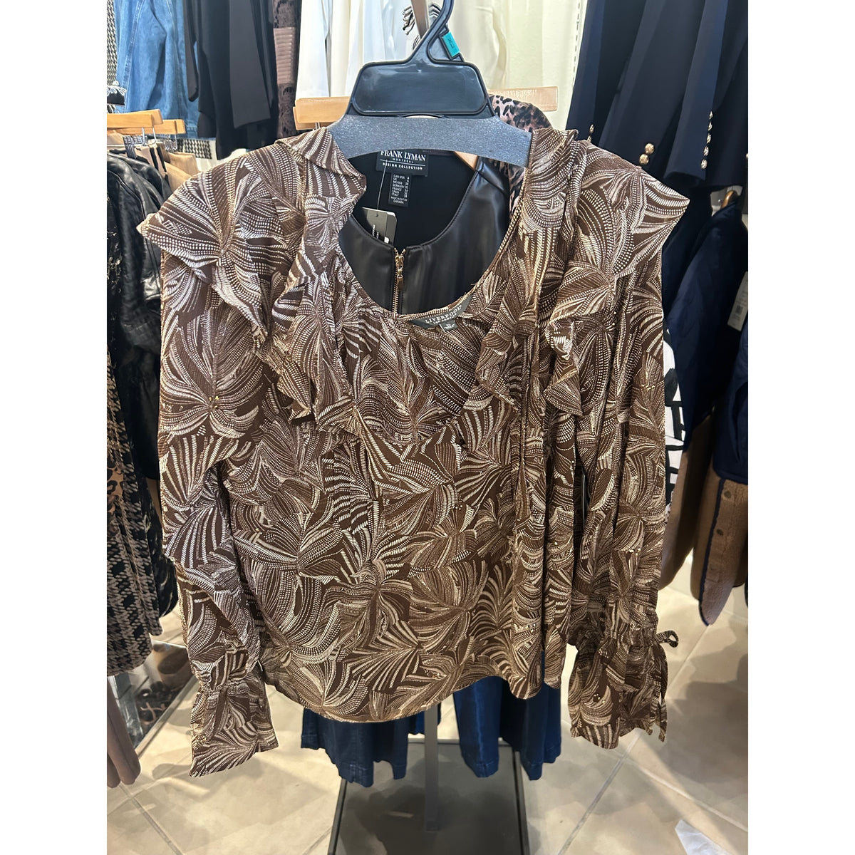 Liverpool Double Ruffle V-Neck Blouse — Brown/Cream — front