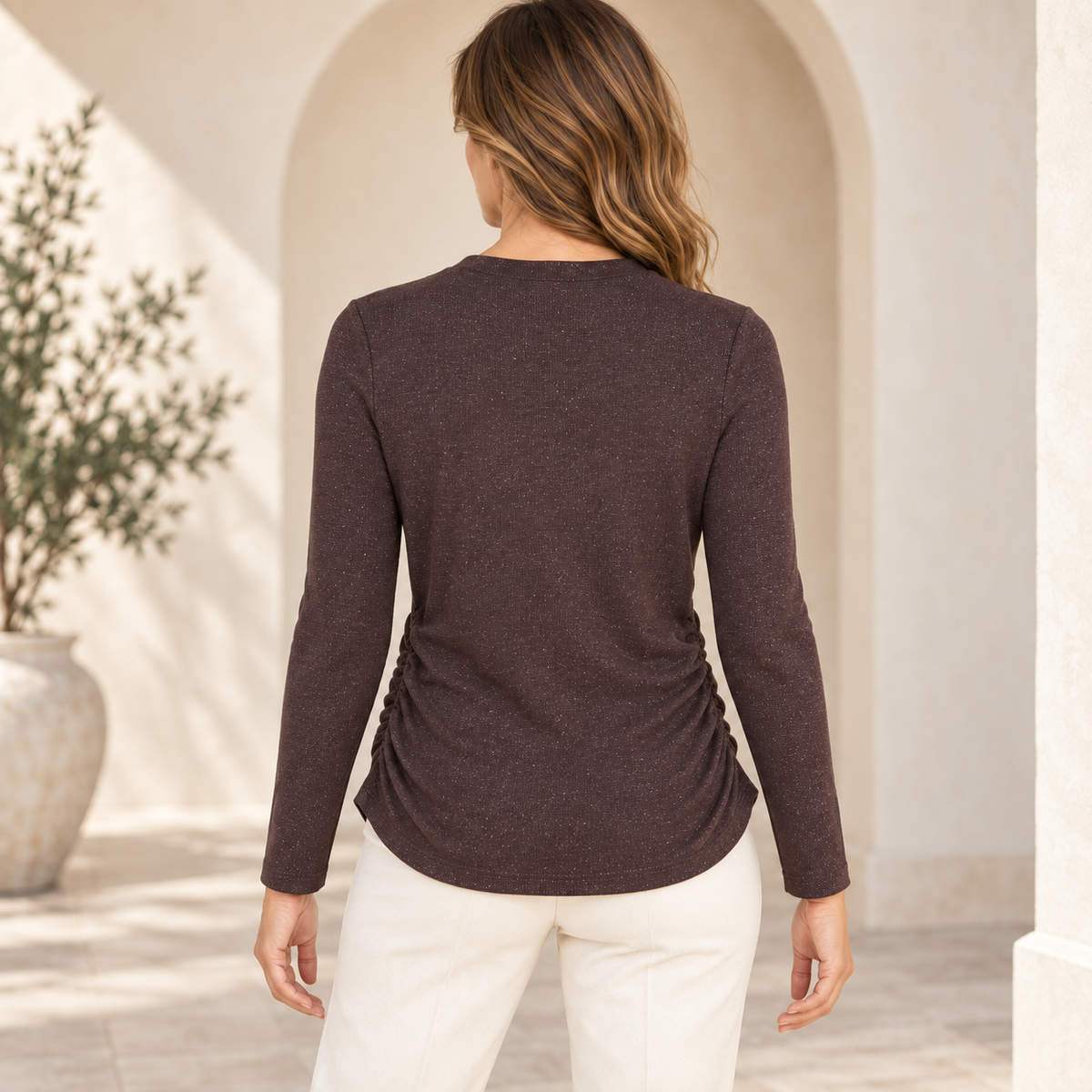 NIC+ZOE Everyday Sparkle Ruched Top in Java, back view on a model