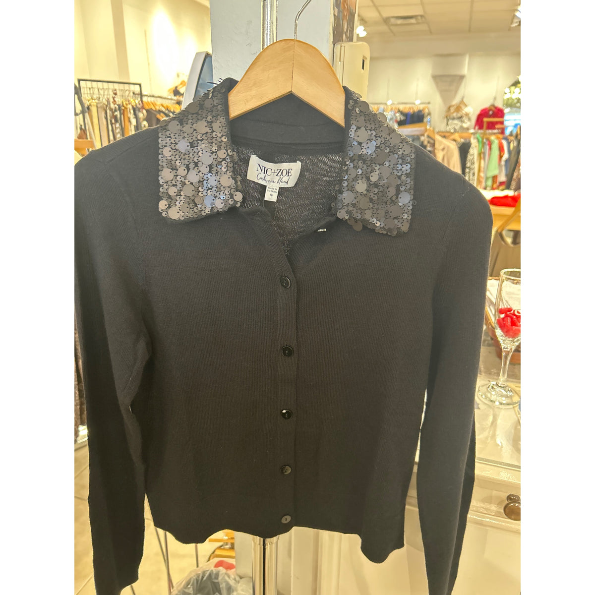 NIC+ZOE Sequin Collar Cardigan in Black Onyx, front view