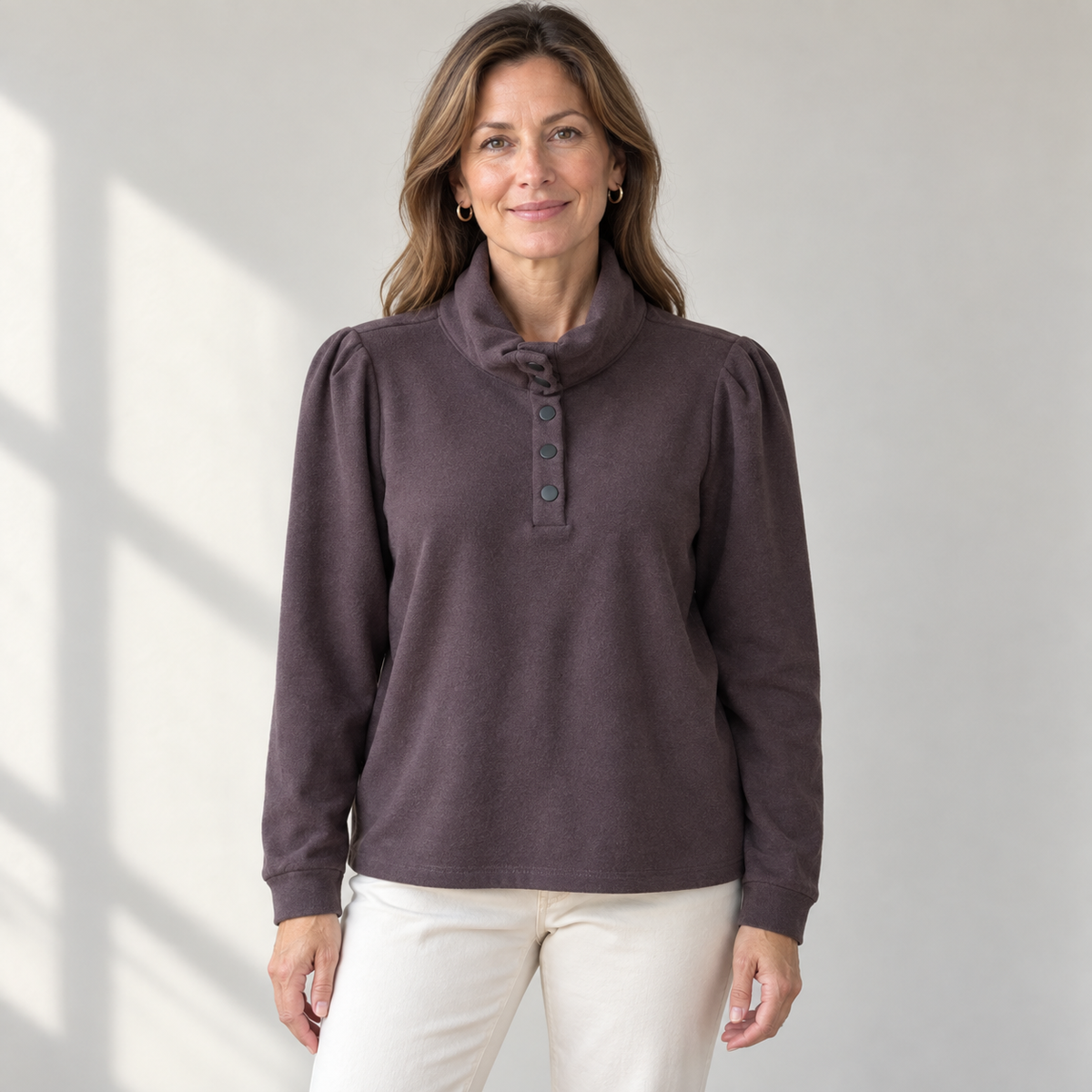 NIC+ZOE Cozy Puff Sleeve Tee in Java, shown on a model