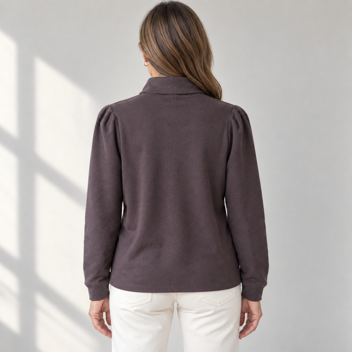 NIC+ZOE Cozy Puff Sleeve Tee in Java, back view on a model