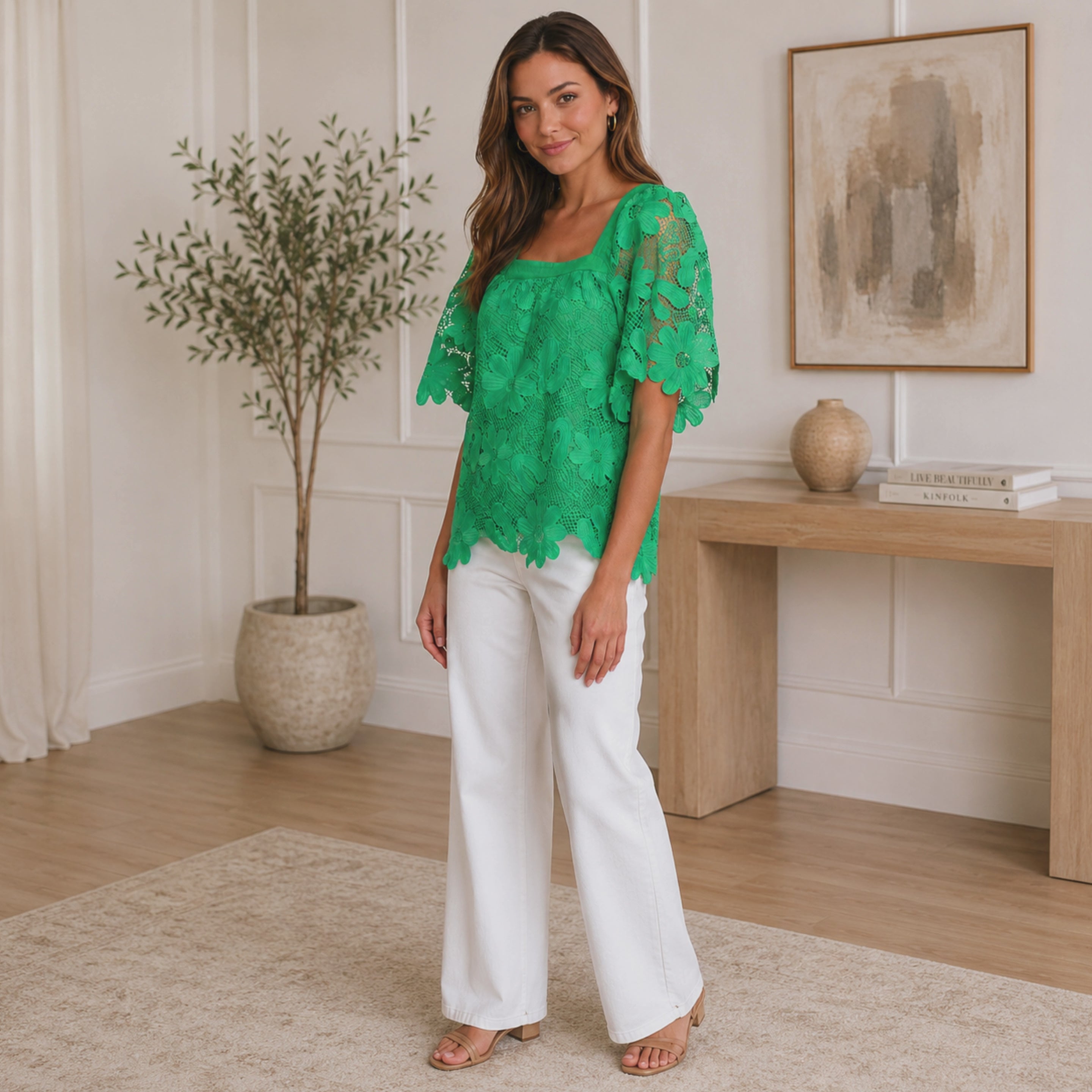 TRU LUXE Square Neck Lace Peasant Top
