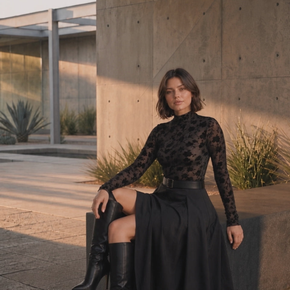 Beulah Black Floral Sheer Velvet Turtleneck Top