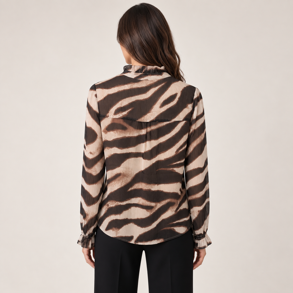 Spanner Tiger Metallic Bronze Stripe Lined Blouse, back view on model