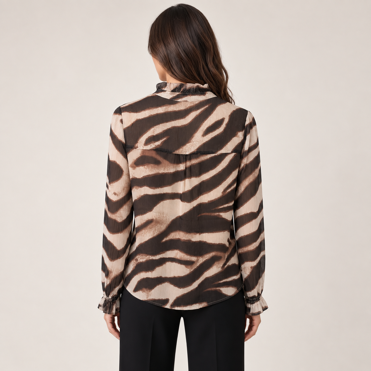 Spanner Tiger Metallic Bronze Stripe Lined Blouse, back view on model