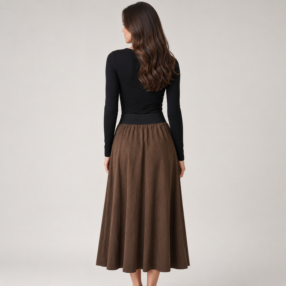 Spanner Brown Adjustable Vegan Sueded Skirt, back view on model