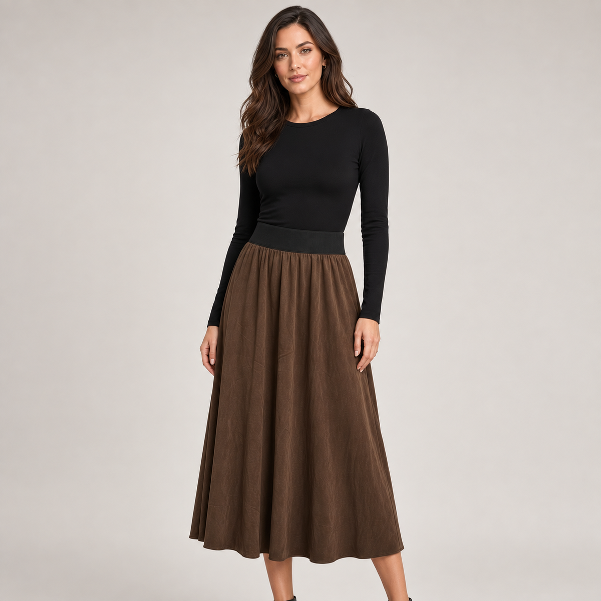Spanner Brown Adjustable Vegan Sueded Skirt, front view on model