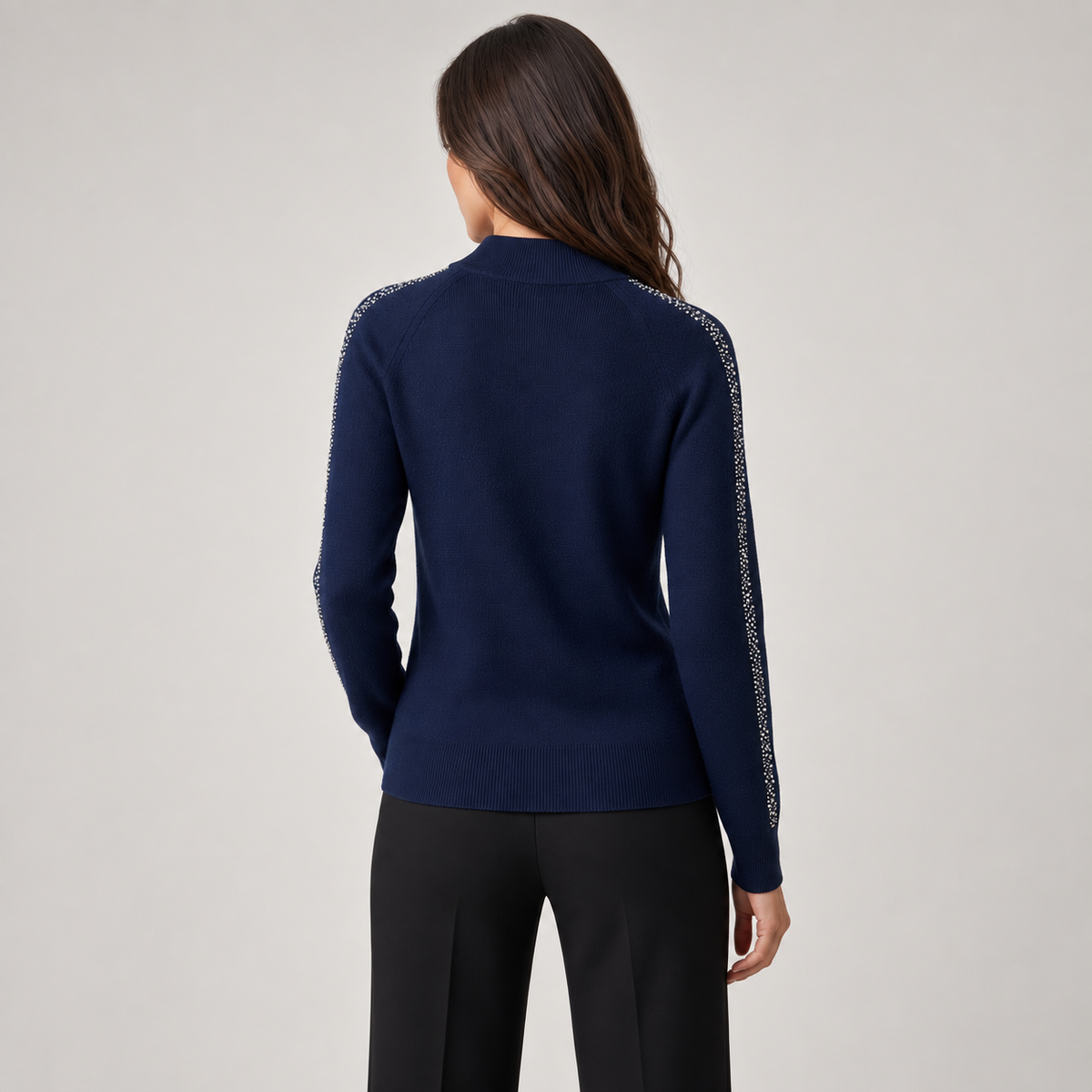 Spanner Black Mockneck Sweater With Rhinestone Sleeve Detail, back view on model