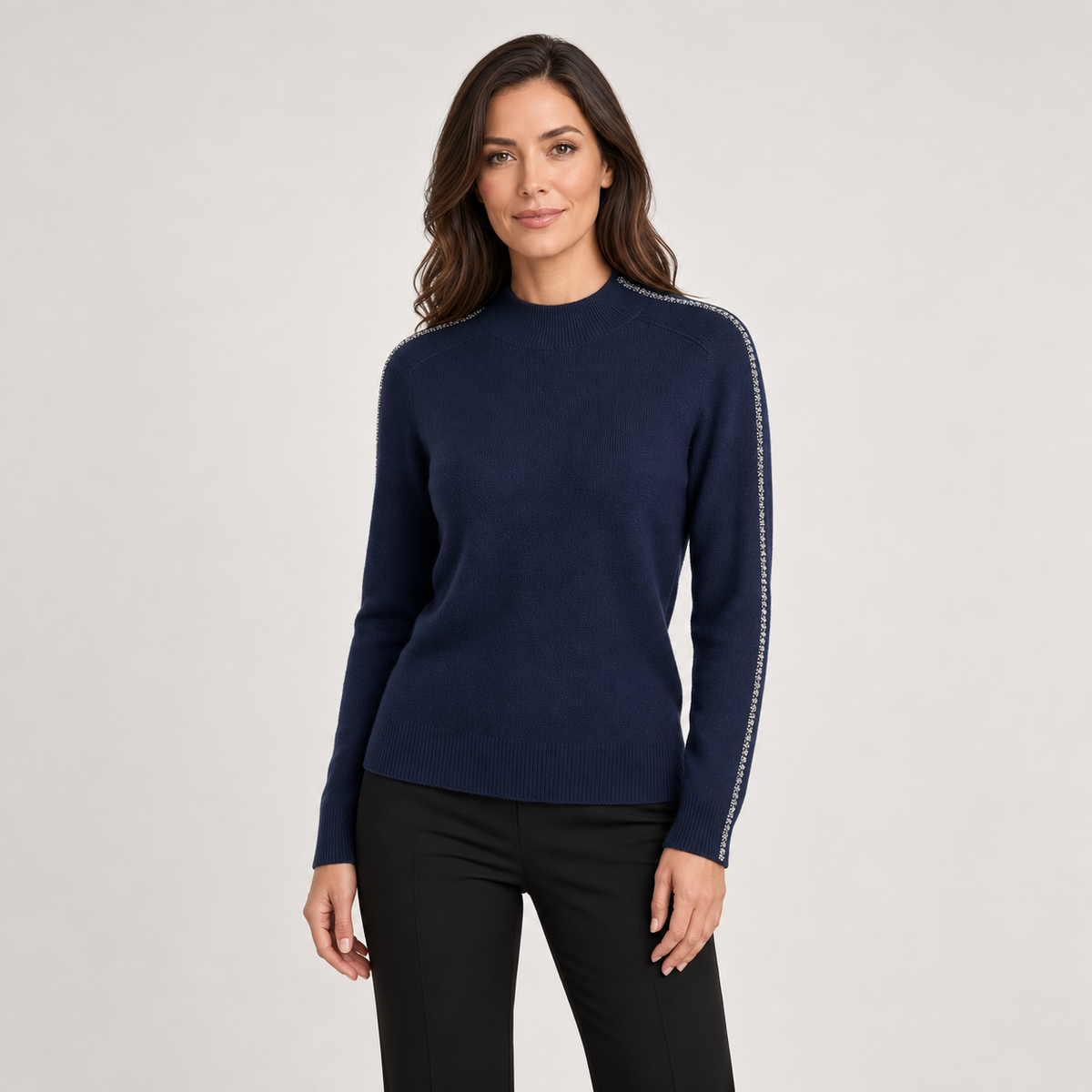 Spanner Black Mockneck Sweater With Rhinestone Sleeve Detail, front view on model