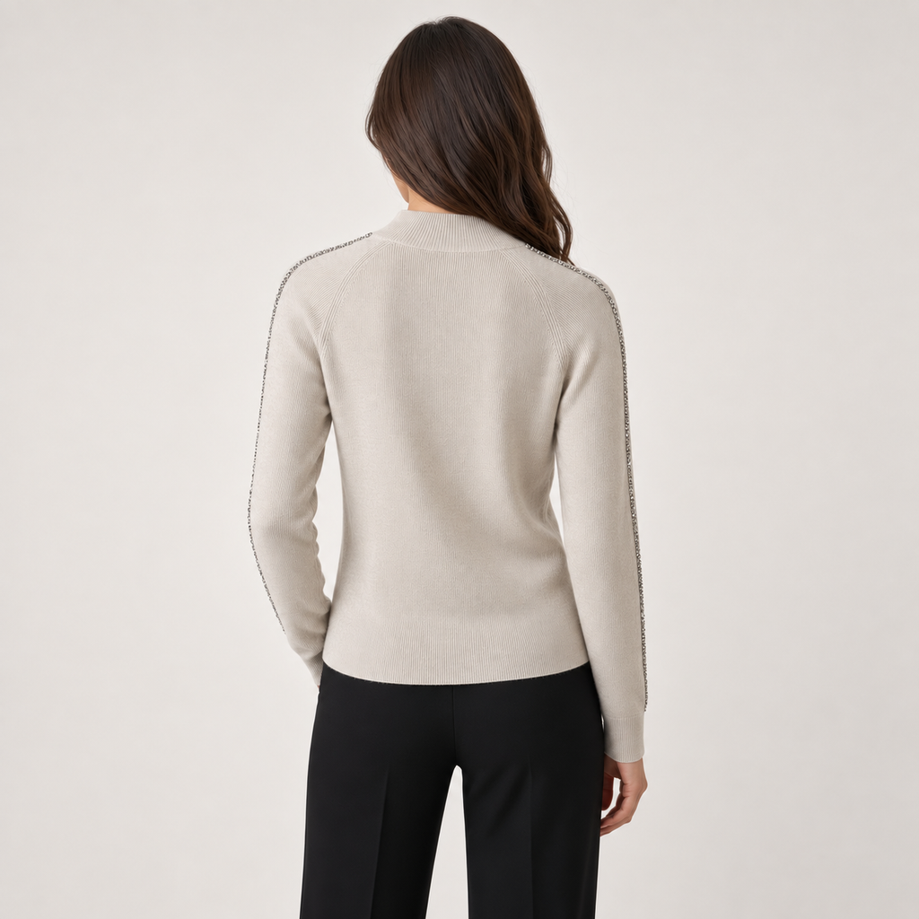 Spanner Sand Mockneck Sweater With Rhinestone Sleeve Detail, back view on model