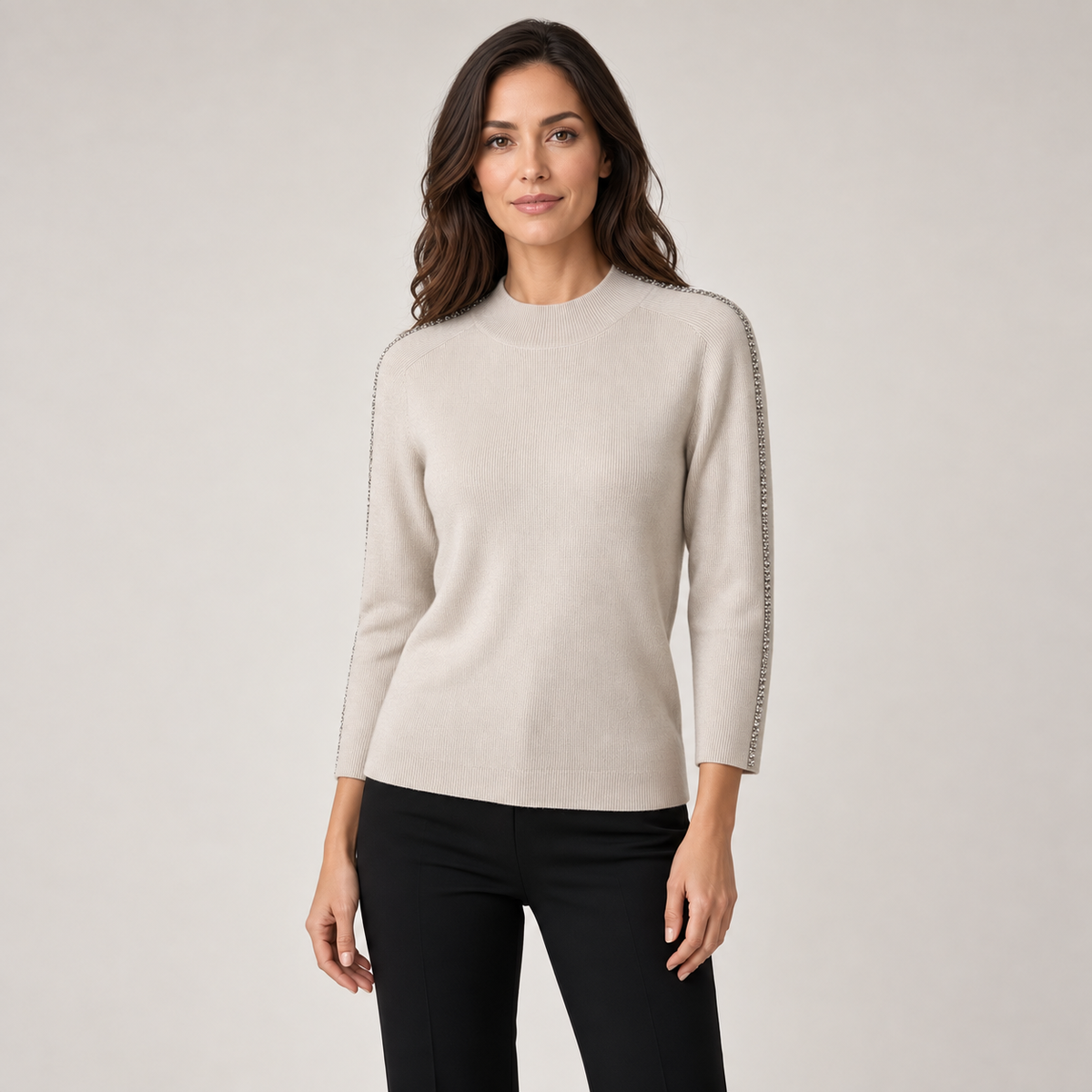 Spanner Sand Mockneck Sweater With Rhinestone Sleeve Detail, front view on model